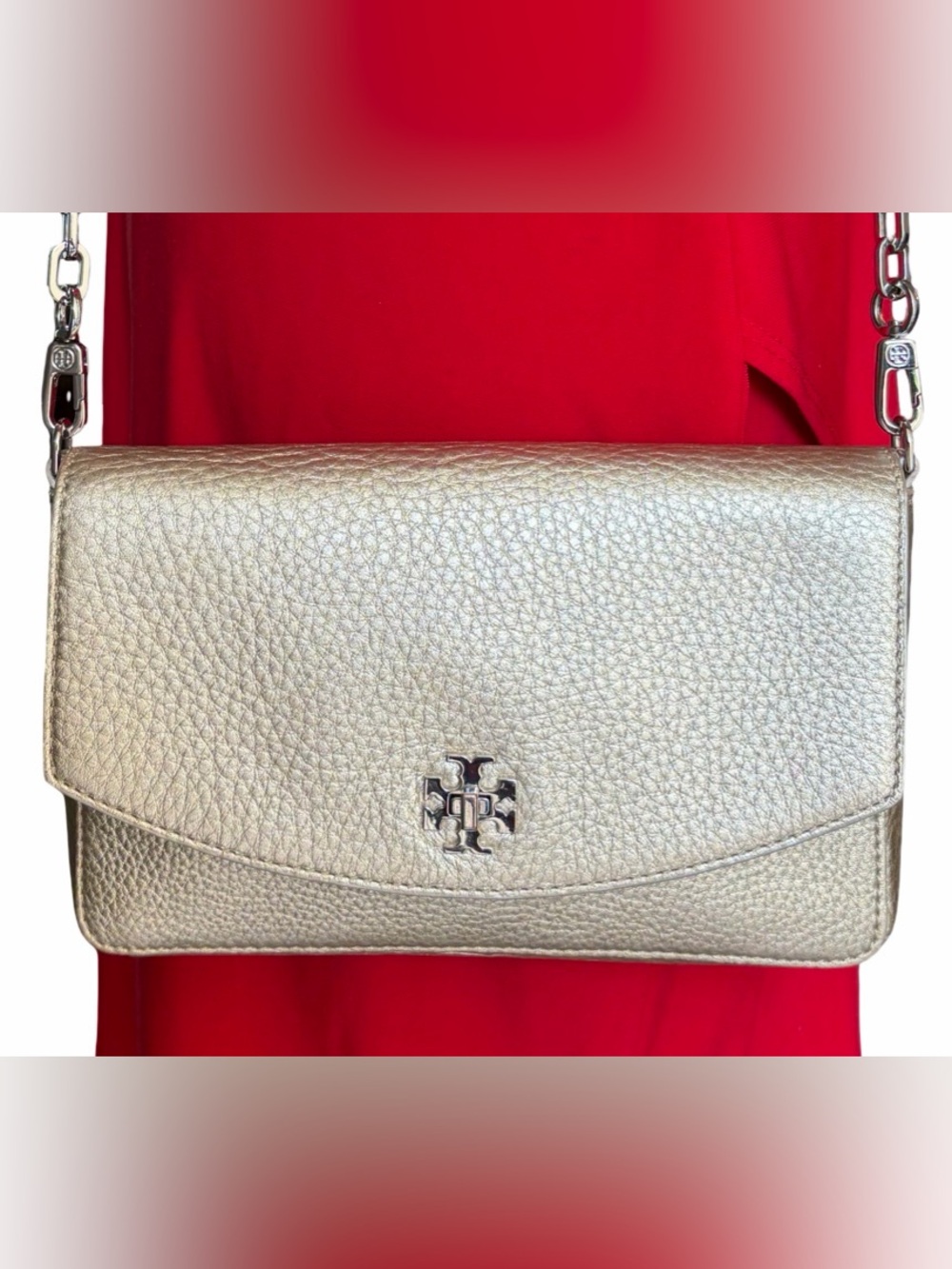 Tory Burch Gold Pebbled Leather With Silver Chain Wallet Crossbody Shoulder Bag - Picture 2 of 16